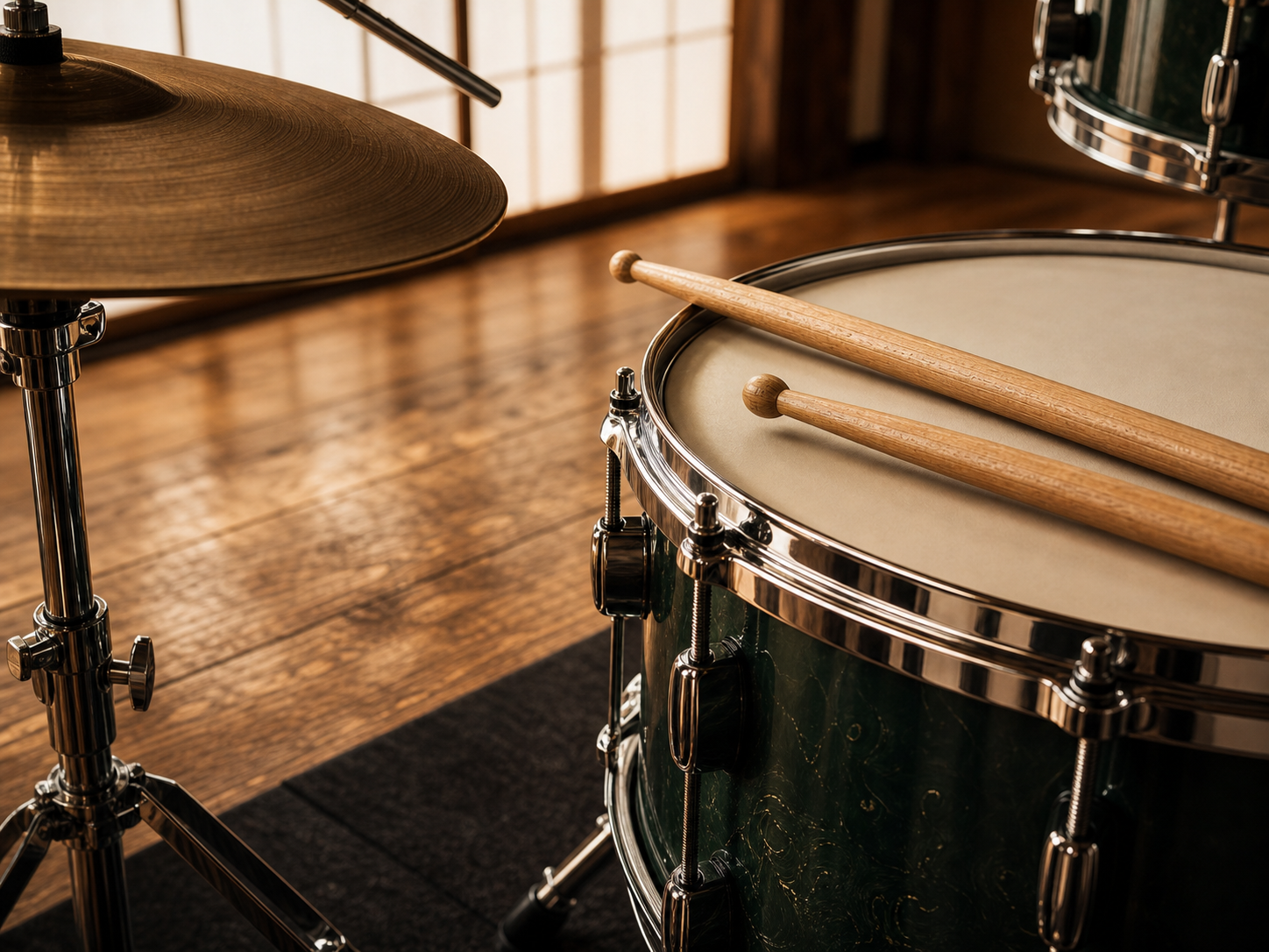 Drum shell, cymbal, and sticks in a clean shoji-and-timber rehearsal room.